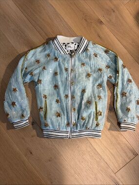 Lola + The Boys Light Blue Sequin Bomber Jacket with Gold Star Accents